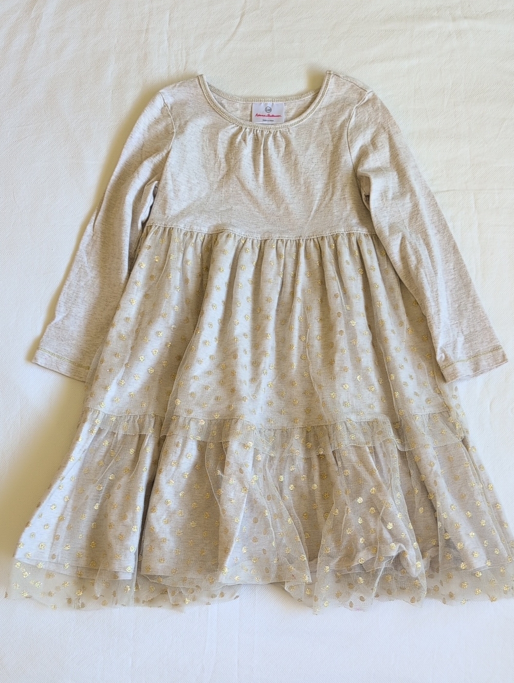 Hanna Andersson Girls Oatmeal Gold Metallic Dot Tulle Dress Size 110 US 5